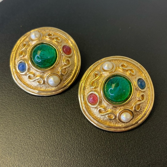 Christian DIOR Germany Vintage Gripoix Earrings w/ Glass Cabochons ~RARE~ COA - Picture 1 of 7